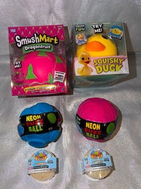 6 Piece Lot: SmushMart Dragon Fruit & Duck, 2 Neon Fuzz Balls & 2 Mini Dumplings